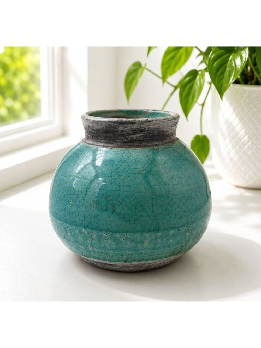 Rustic Vintage Turquoise Crackle Glaze Ceramic Vase - 6" Tall Handmade Decorativ